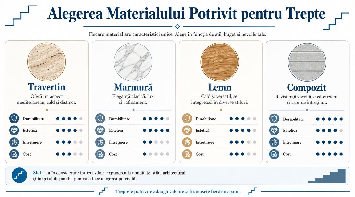 Infografic informativ care compară travertinul, marmura, lemnul și compozitul ca materiale potrivite pentru trepte de scară interioară.