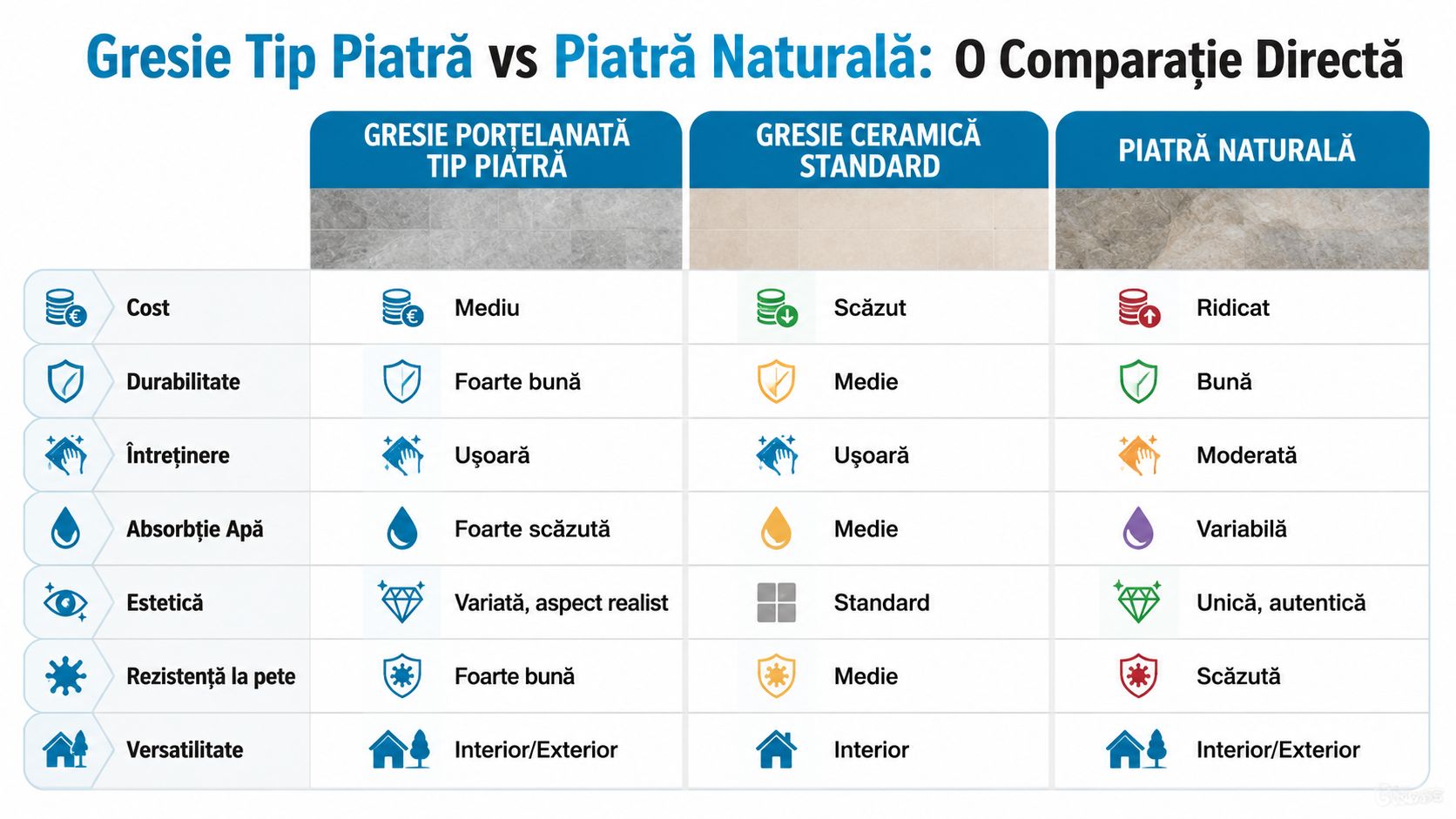 Tabel comparativ între gresia porțelanată tip piatră, gresia ceramică standard și piatra naturală în ceea ce privește caracteristicile.
